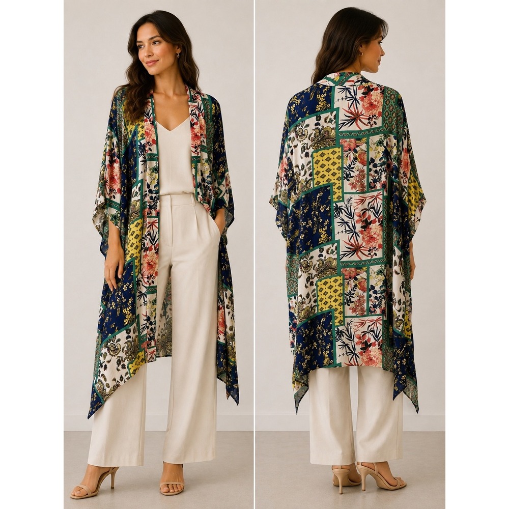 Umgee Womens Patchwork Floral Paisley Kimono Wrap Navy Green S/M A4407